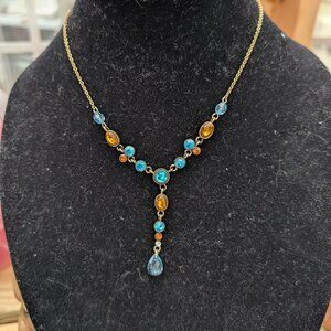 Vintage Stamped NR Antique Gold Tone Y- Necklace with Gold & Blue Rhinestones